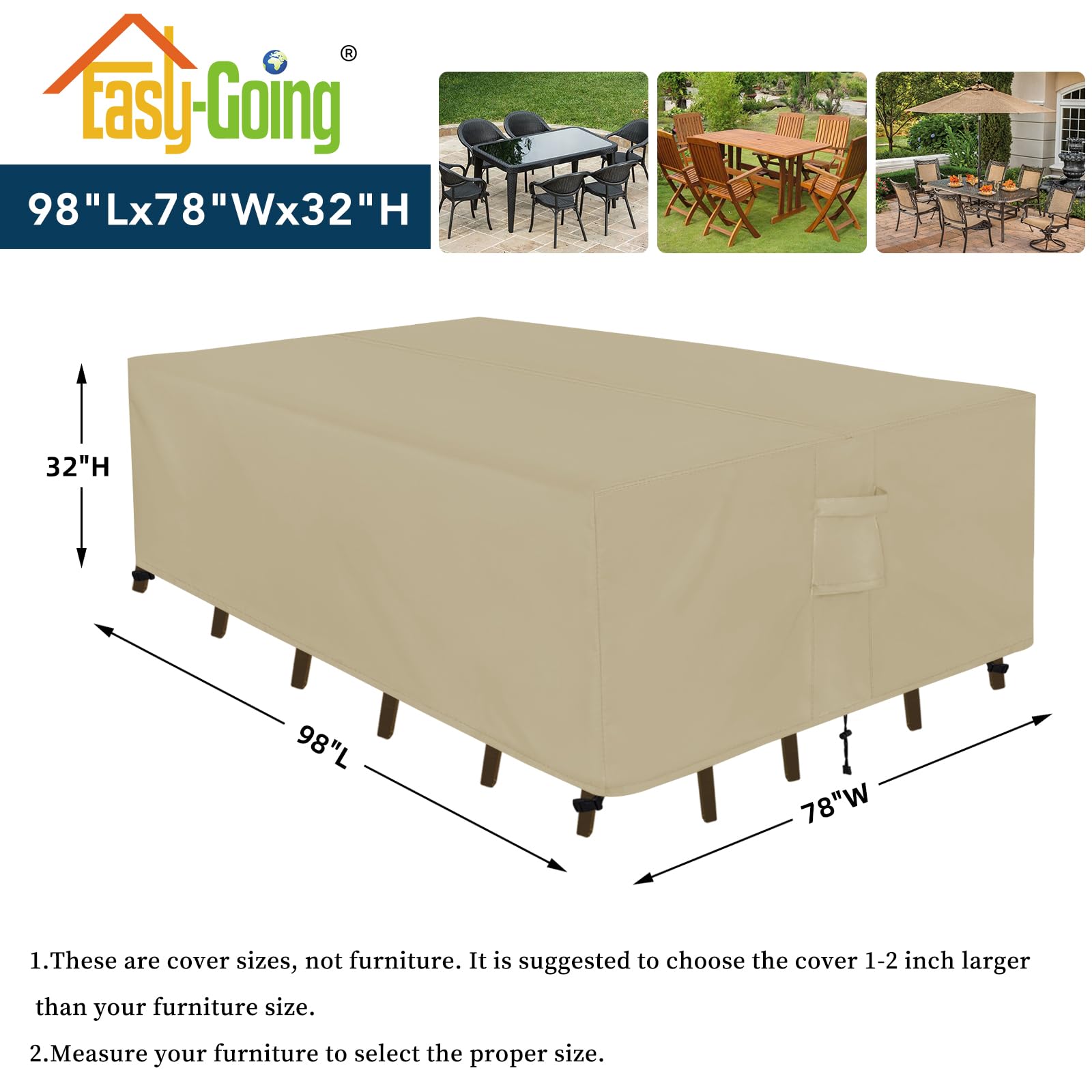 Easy-Going Rectangle Patio Furniture Cover Waterproof Outdoor Dining Table And Chair Cover Anti-Uv Outside Sectional Sofa Set Covers (98'L X 78'W X 32'H, Camel)