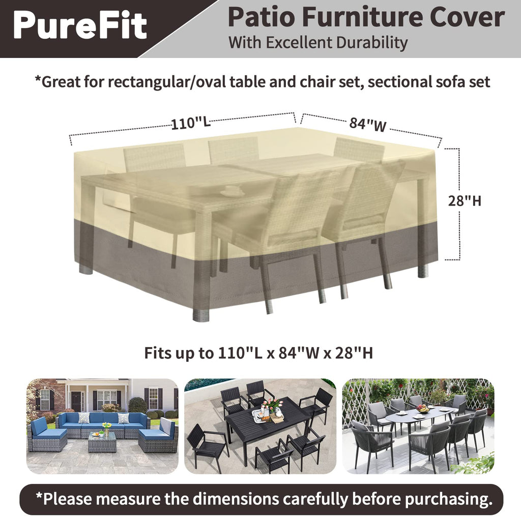 Purefit Patio Furniture Covers Outdoor Table Furniture Cover Waterproof Canvas Rectangle 650D Patio Covers For Outdoor Furniture, Lawn, Deck, Backyard, Anti-Fade & Tear Resistant, 110'L X 84'W X 28'H