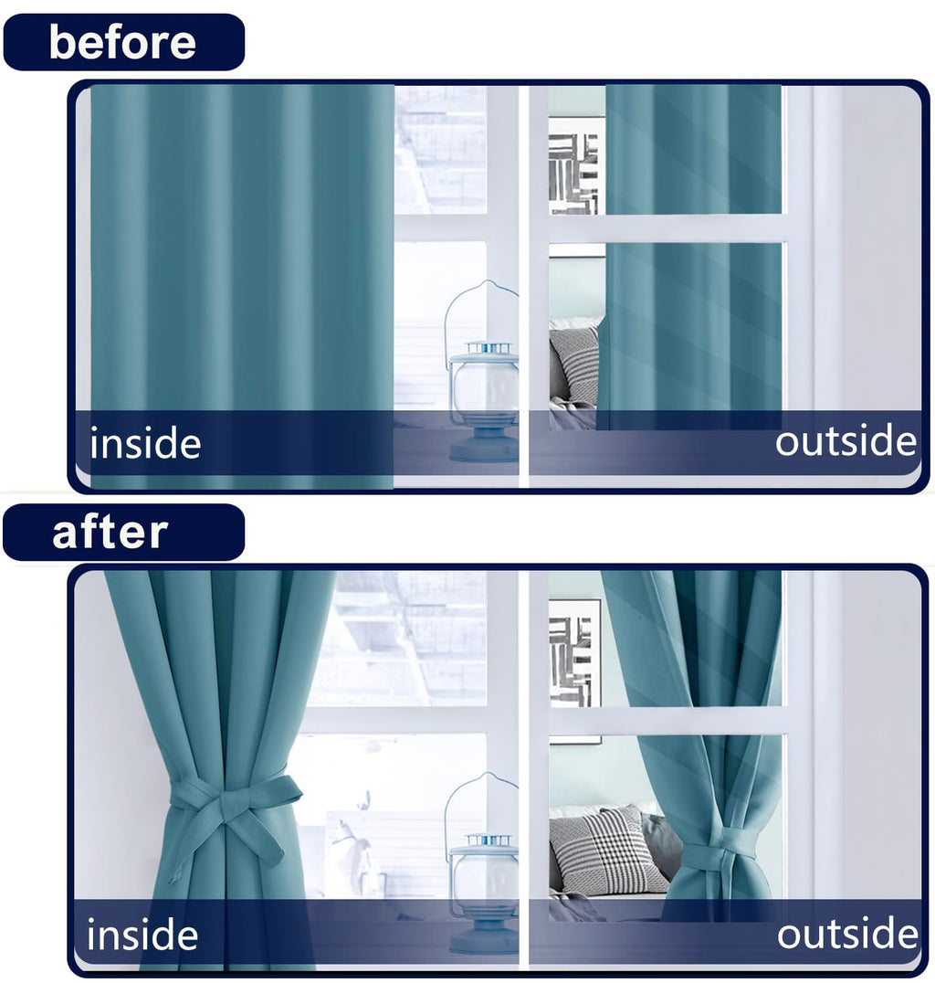 Hiasan Stone Blue Curtains 63 Inch Long Sewn With Tiebacks, Rod Pocket & Back Tab Blackout Thermal Insulated Kids Drapes, Room D