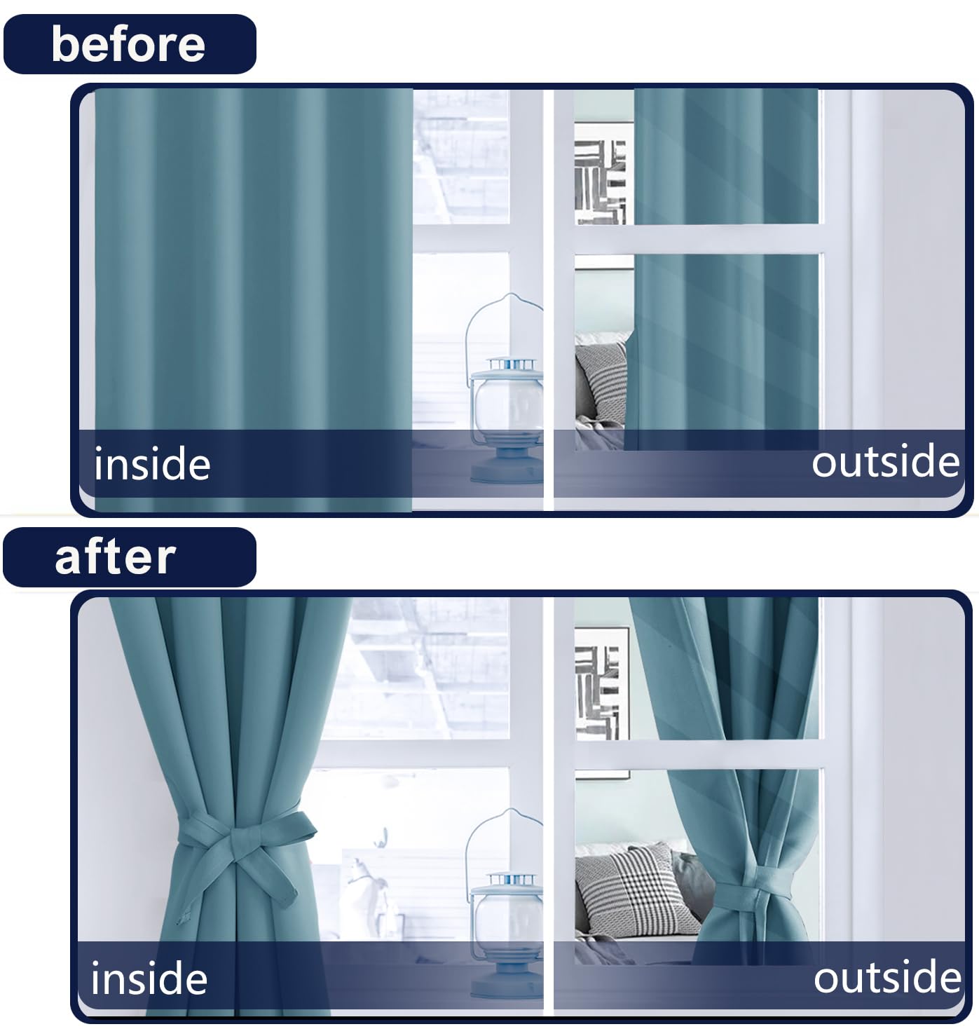 Hiasan Stone Blue Curtains 63 Inch Long Sewn With Tiebacks, Rod Pocket & Back Tab Blackout Thermal Insulated Kids Drapes, Room D
