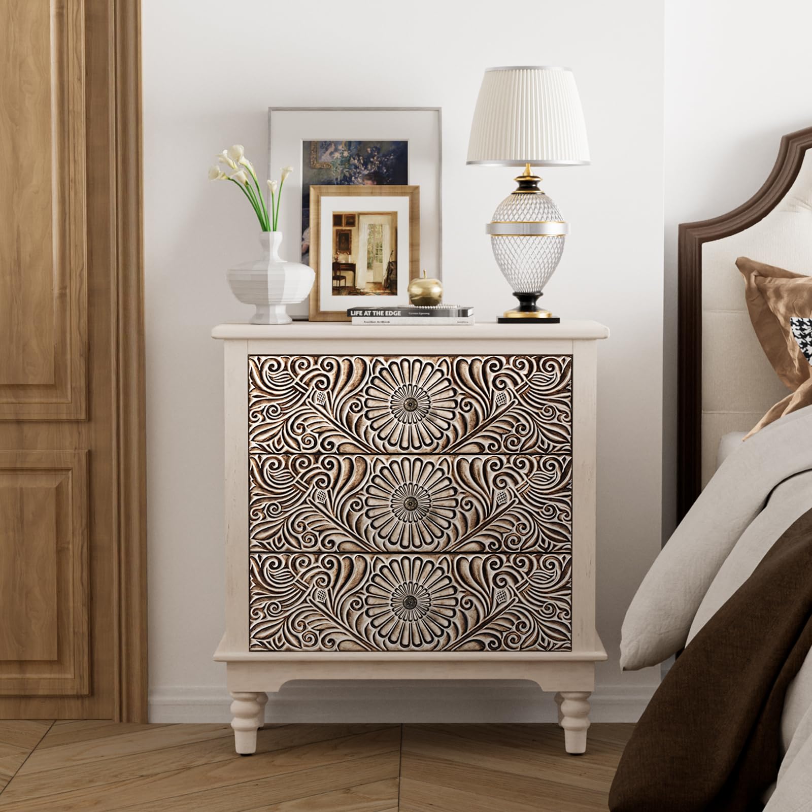 COSIEST 3 Drawers Accent Dresser, Vintage Small Accent Chest with 4 Wood Legs, Free-Standing Buffet Server Nightstand End Table 