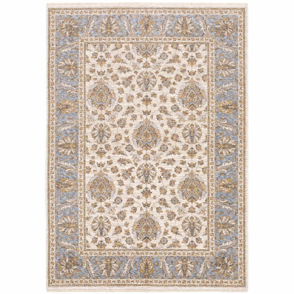 HomeRoots 509427 10 x 13 ft. Ivory & Blue Oriental Power Loom Stain Resistant Rectangle Area Rug with Fringe