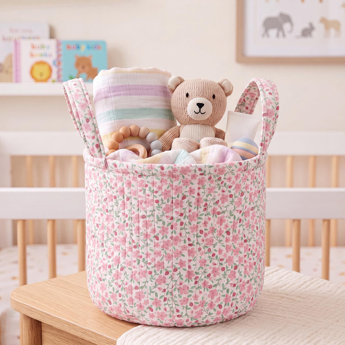 FoldTier Pink Quilted Fabric Storage Baskets with Handles Boho Floral