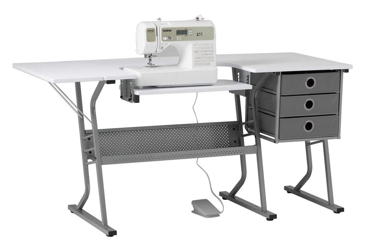 Sew Ready Eclipse Hobby and Sewing Machine Table  White Sewing Table with Gray Storage Drawers + Large Lower Shelf  Can Also B