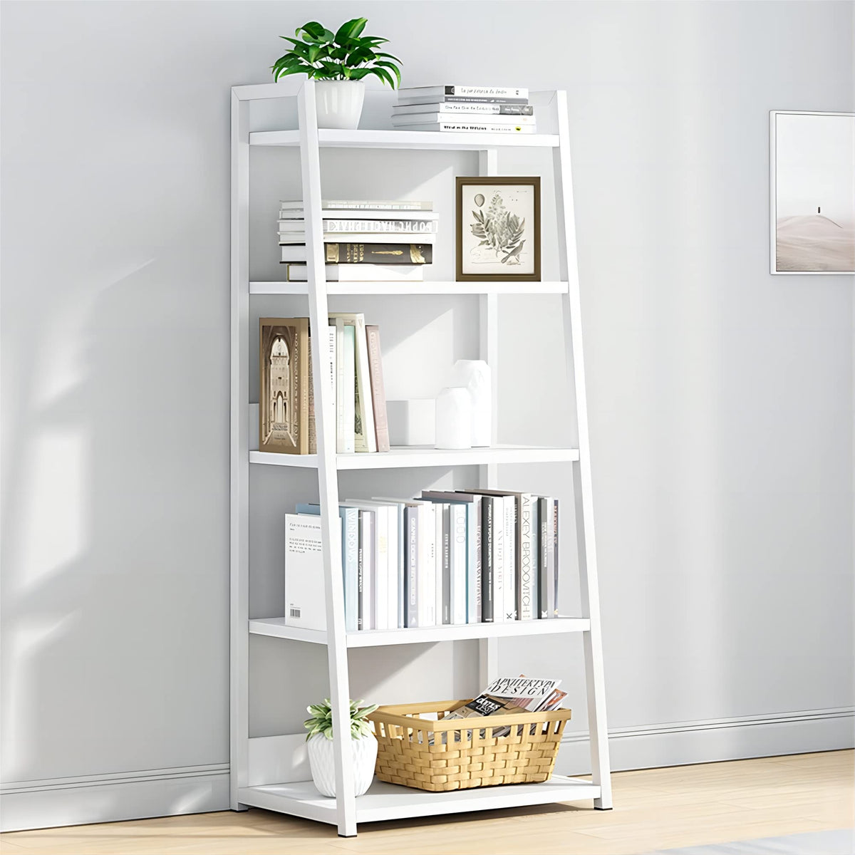 IOTXY 5 Tier Ladder Shelf Bookcase, 19.7 x 11.8 x 47 in, White