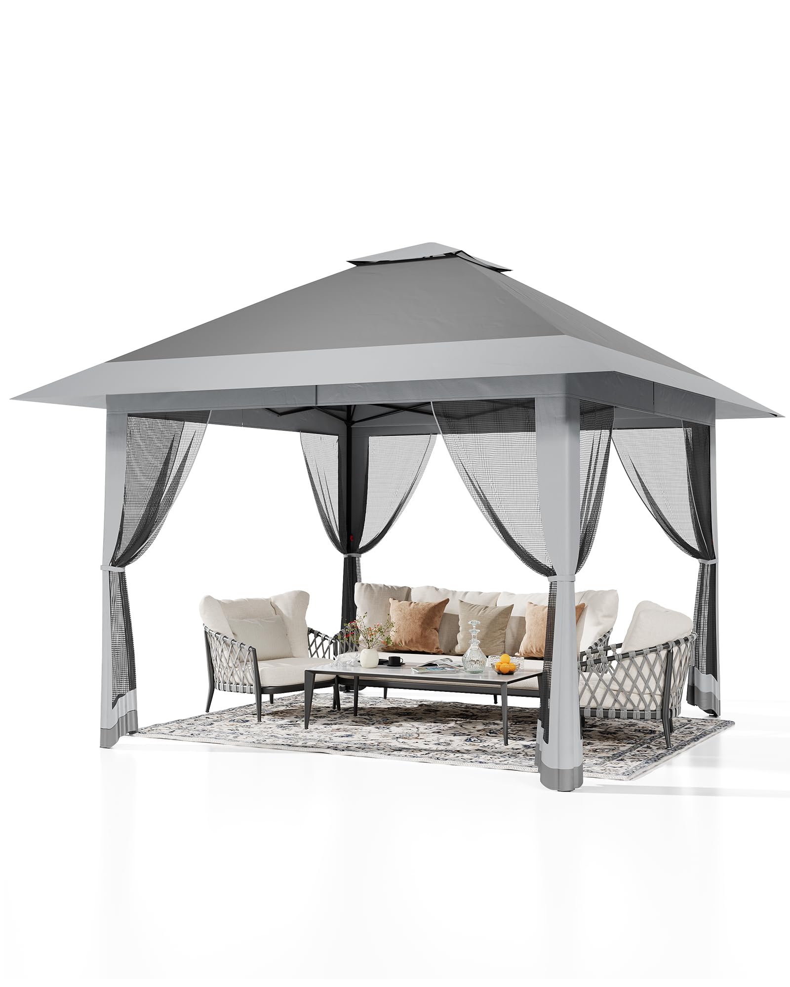13x13 Pop Up Gazebo, Outdoor Canopy Tent with Mosquito Netting, Pop Up Canopy with Double Roof Design & Adjustable Height, UV-Re