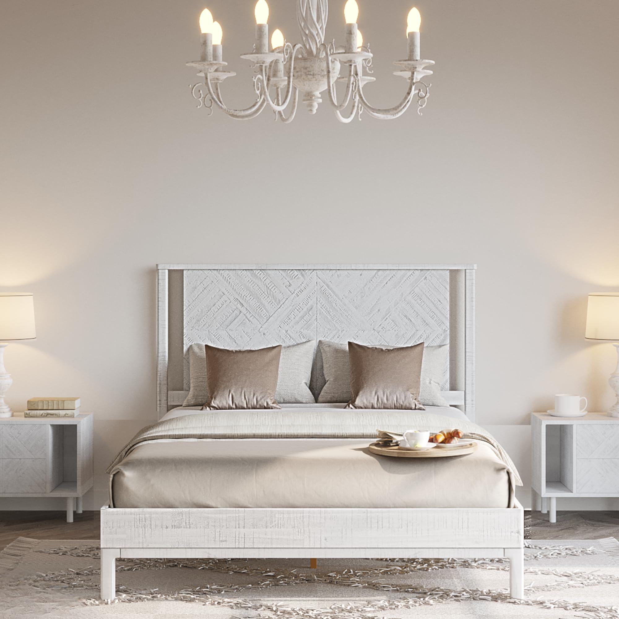 Bme Ethan Queen Bed Frame with Diamond Headboard, Mid-Century Modern, Solid Acacia Wood, No Box Spring Needed, Fits All Mattress