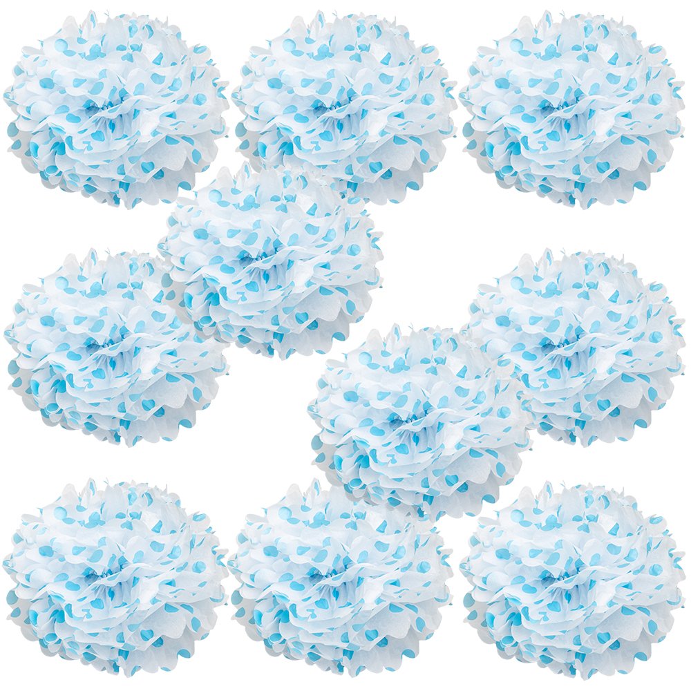 WYZworks Set of 10 - Blue Polka DOT 10 - (10 Pack) Tissue Pom Poms Flower Party Decorations for Weddings, Birthday, Halloween, B