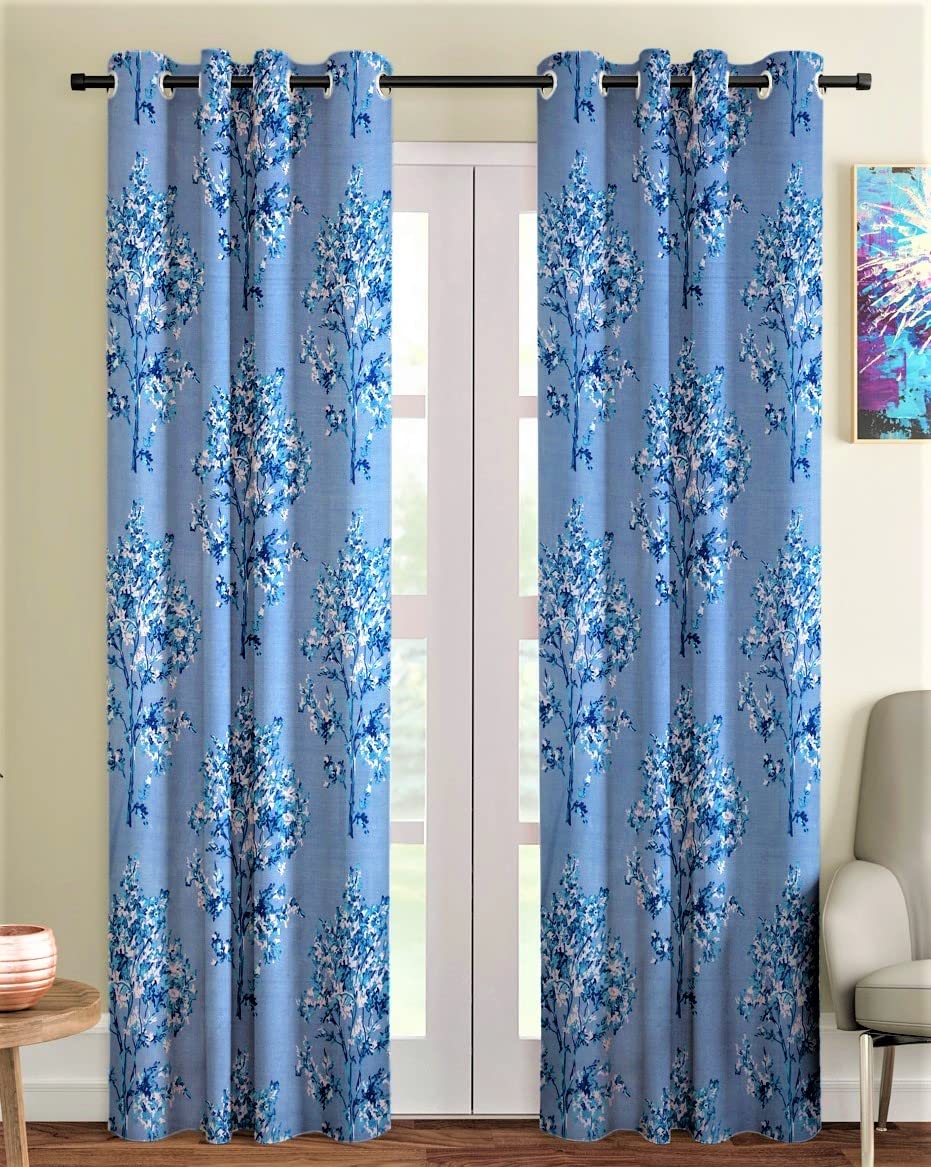 Fashion String 1 Piece Floral Blossoms Eyelet Polyester Window Curtain  5 Feet, Blue