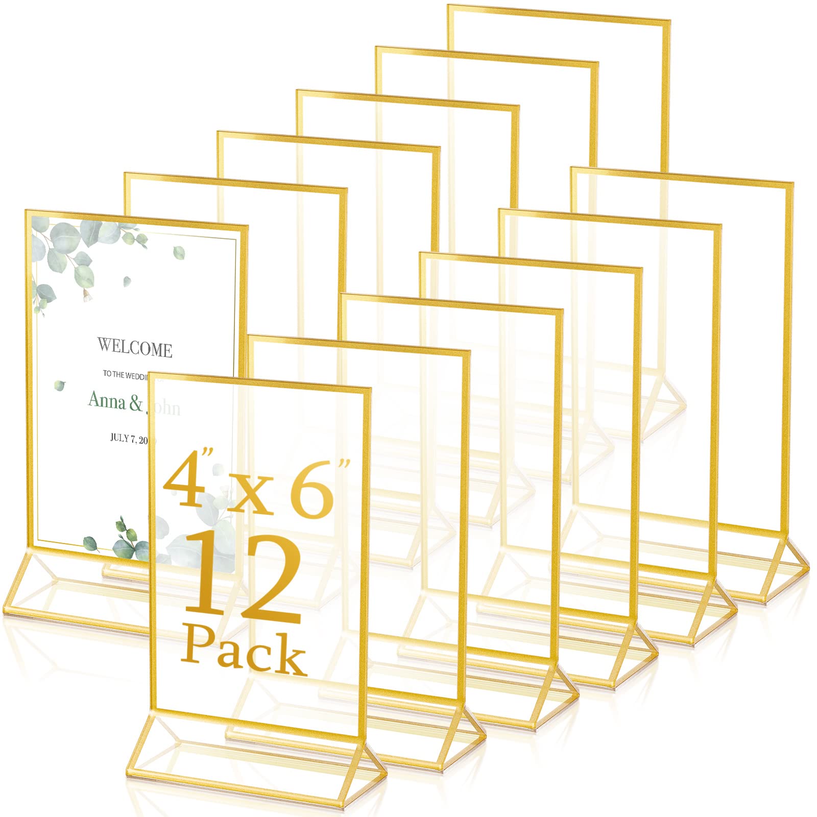 12 Pieces Gold Frames Clear Acrylic Sign Holder Double Sided Menu Display Stand with Gold Borders 2mm Table Number Holder for We