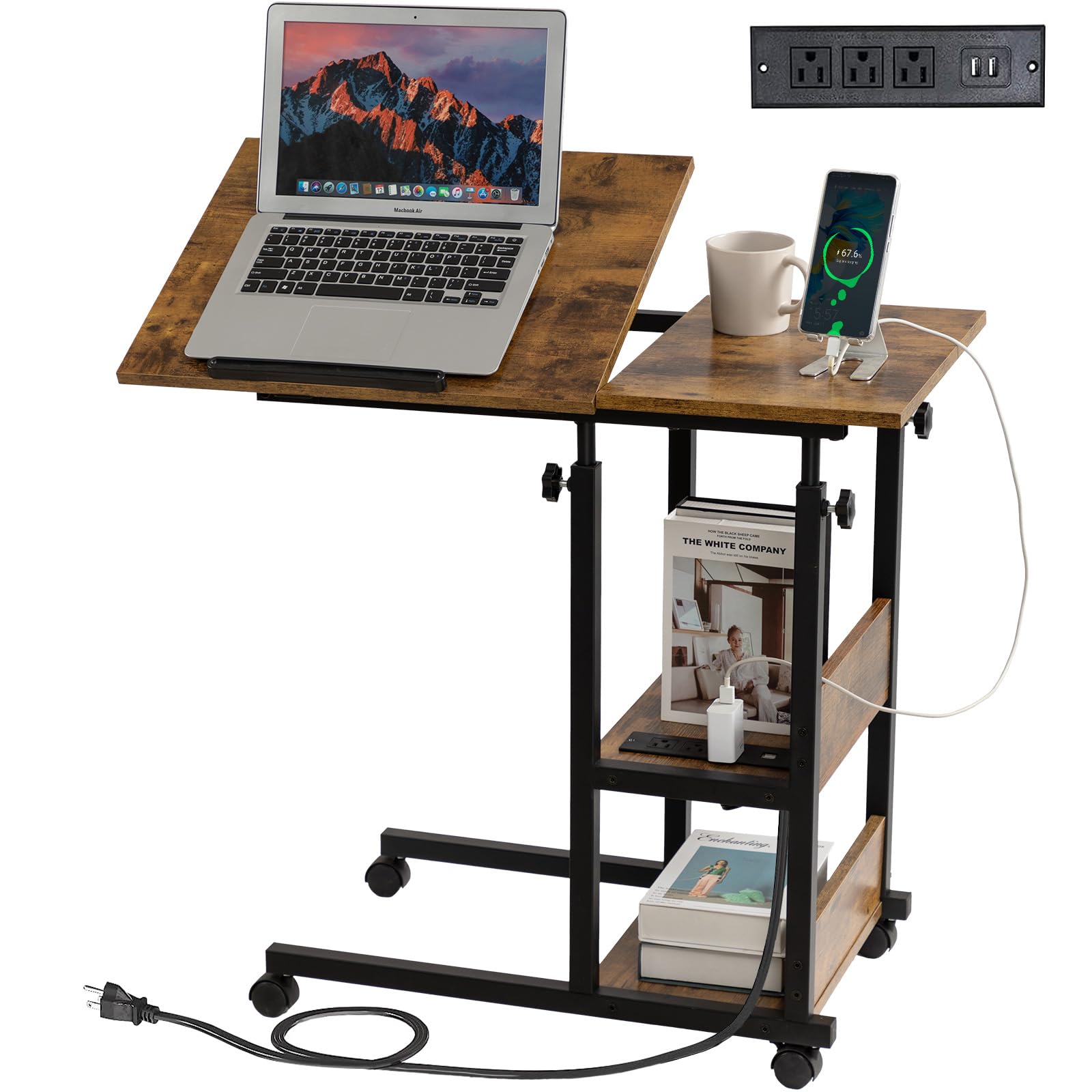 Hadulcet Adjustable C Table with Charging Station, Tiltable Desk C Shaped End Table for Couch, Over Bed Table with Wheels Adjust