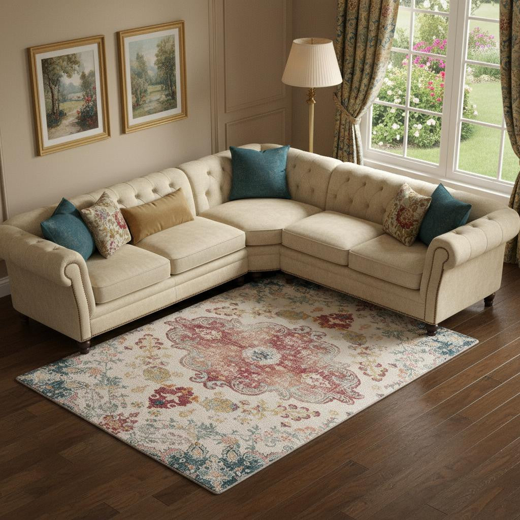 8 X 10 Teal Pink And Ivory Medallion Distressed Area Rug