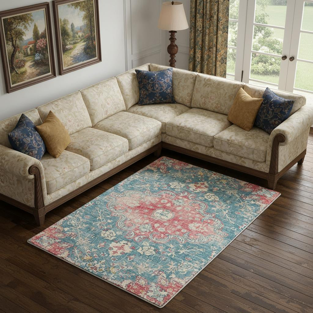 8 X 10 Blue Pink And Ivory Medallion Distressed Area Rug