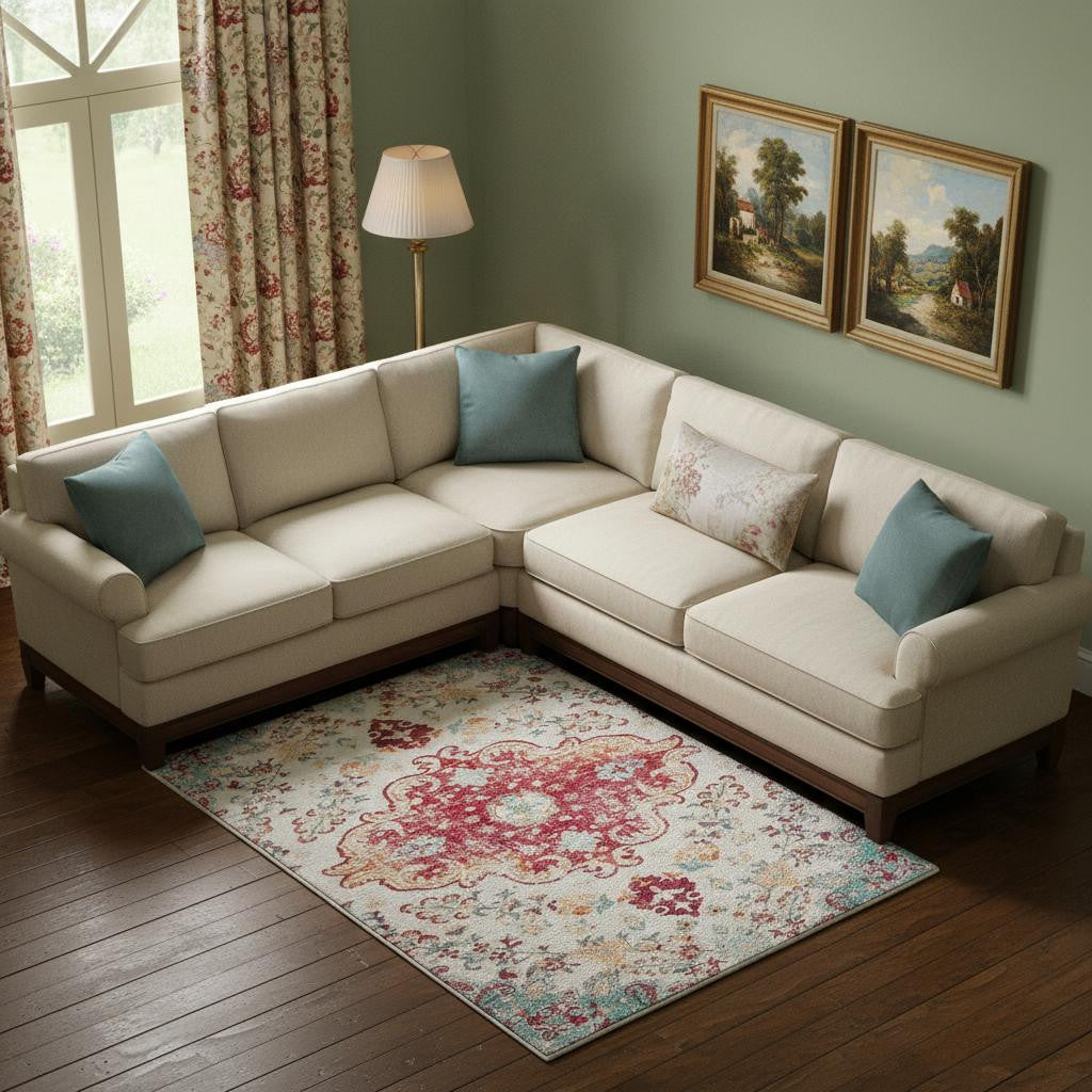 8 X 10 Pink Blue And Beige Medallion Distressed Area Rug