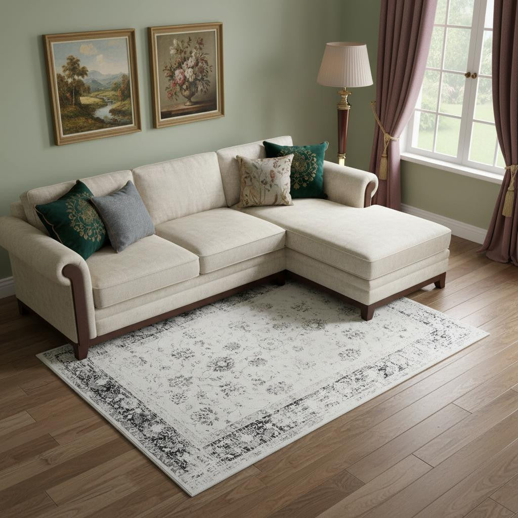 8 X 10 Charcoal And Ivory Floral Distressed Area Rug