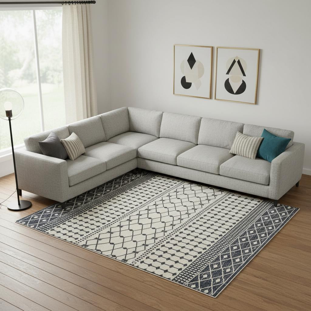 8 X 10 White And Charcoal Geometric Area Rug