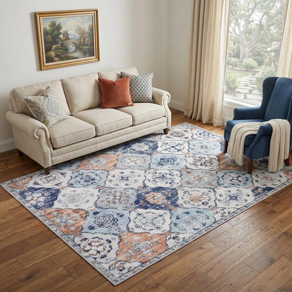 5 X 7 Ivory Navy Blue And Terra Cotta Quatrefoil Distressed Area Rug