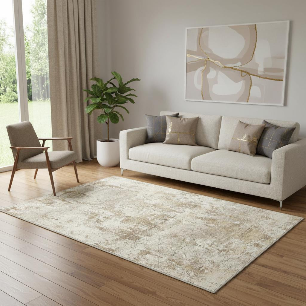 5 X 7 Ivory Gold And Brown Abstract Washable Washable Area Rug