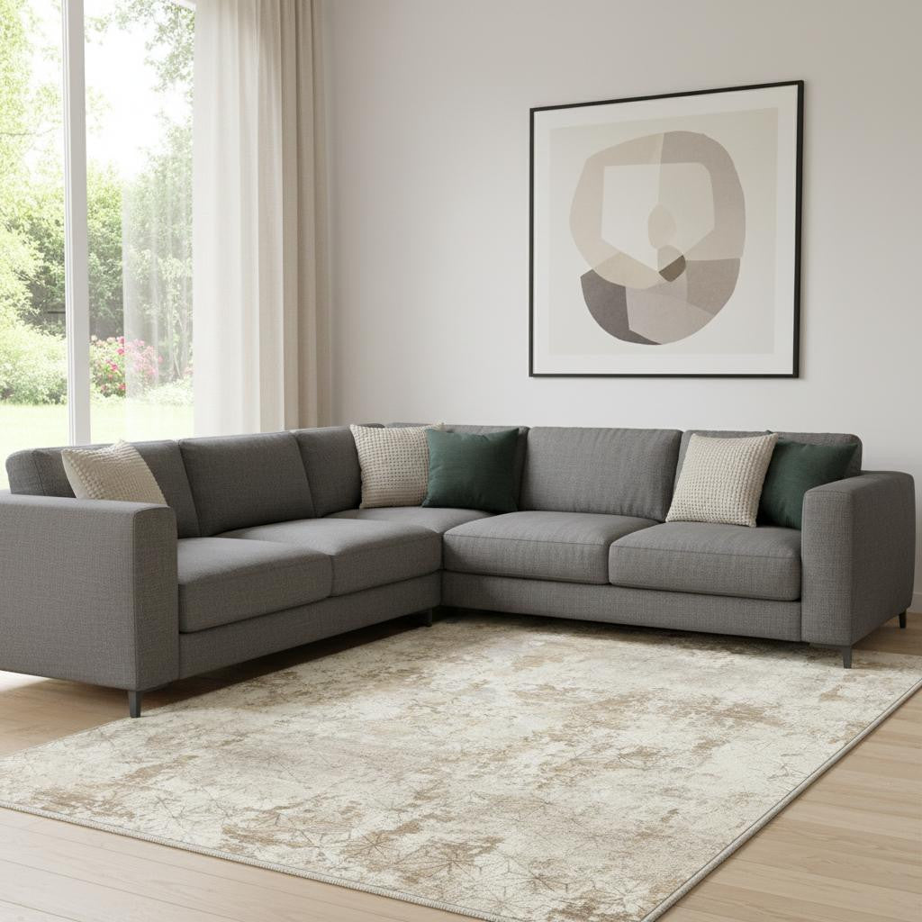 8 X 10 Ivory Gold And Brown Abstract Washable  Area Rug