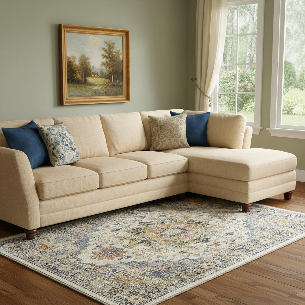 8 X 10 Ivory Blue And Orange Medallion Washable Area Rug