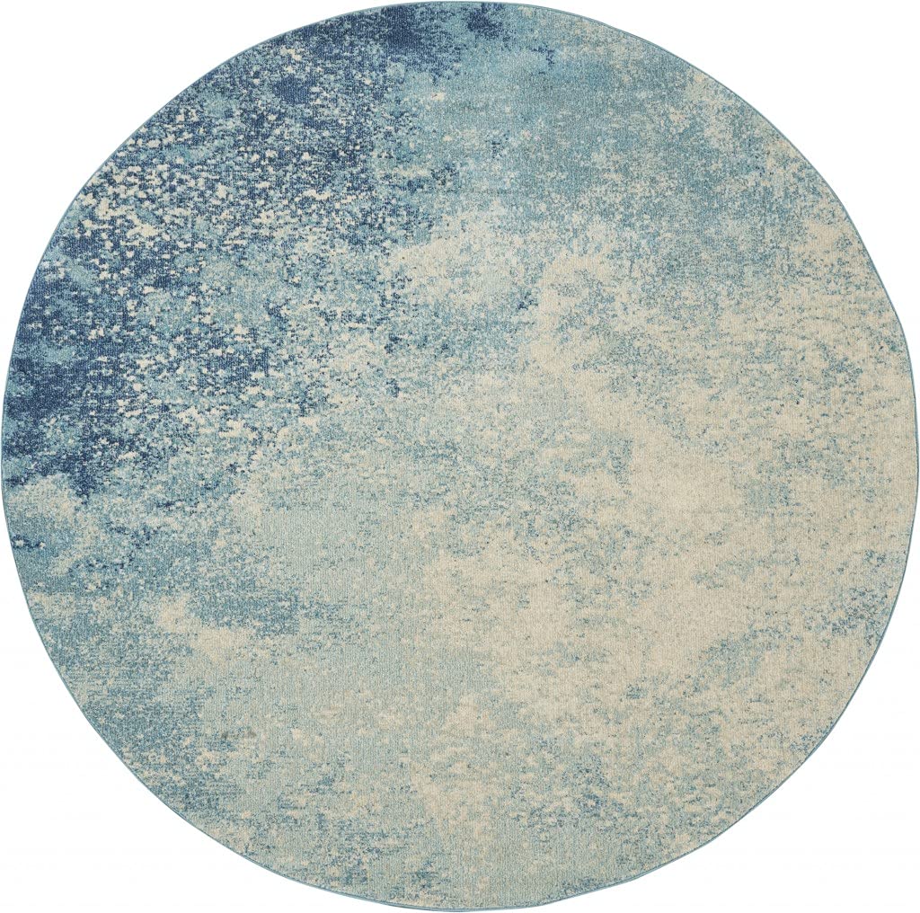 HomeRoots Navy/Light Blue 100% Polypropylene 8 Round Light Blue and Ivory Abstract Sky Area Rug