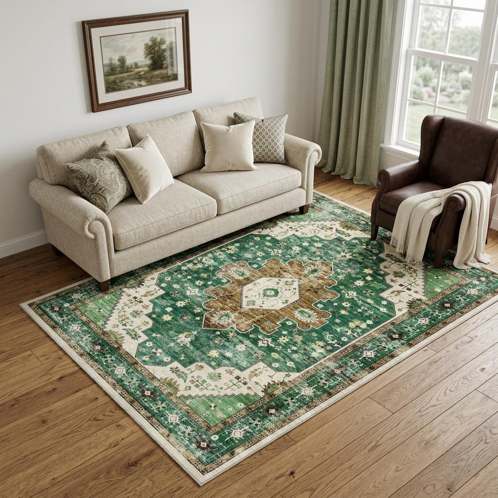 5 X 7 Green Brown And Ivory Medallion Distressed Washable Area Rug