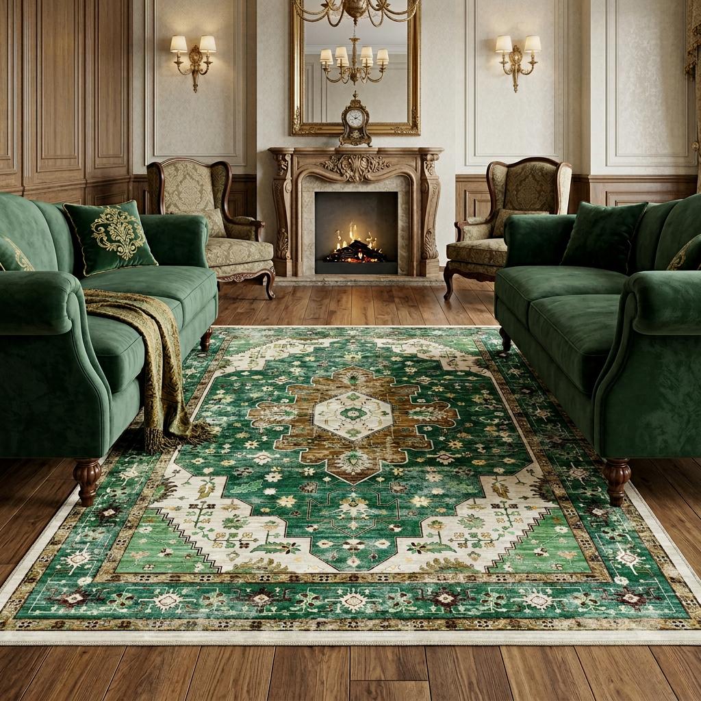 8 X 10 Green Brown And Ivory Medallion Washable Area Rug