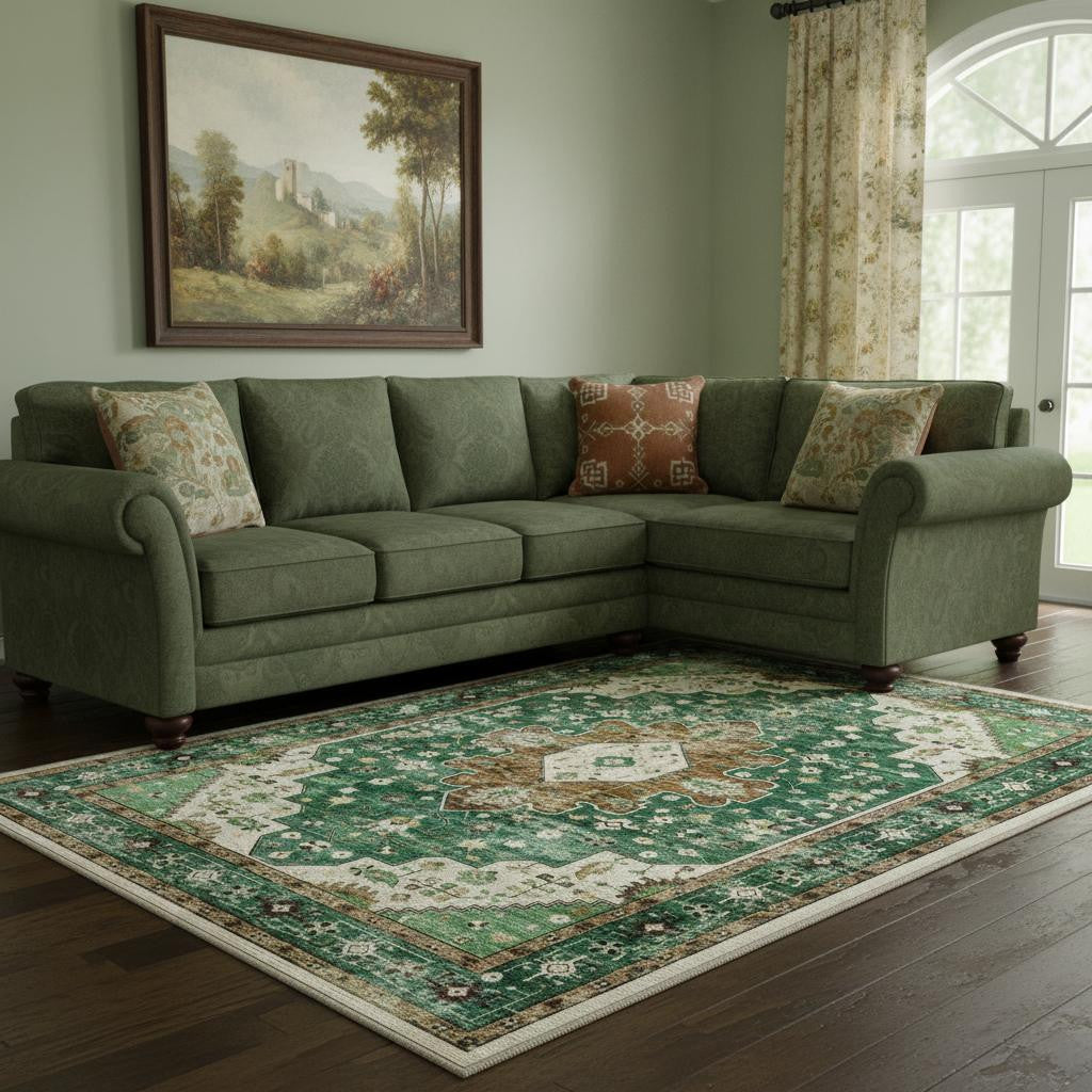 9 X 12 Green Brown And Ivory Medallion Washable Area Rug