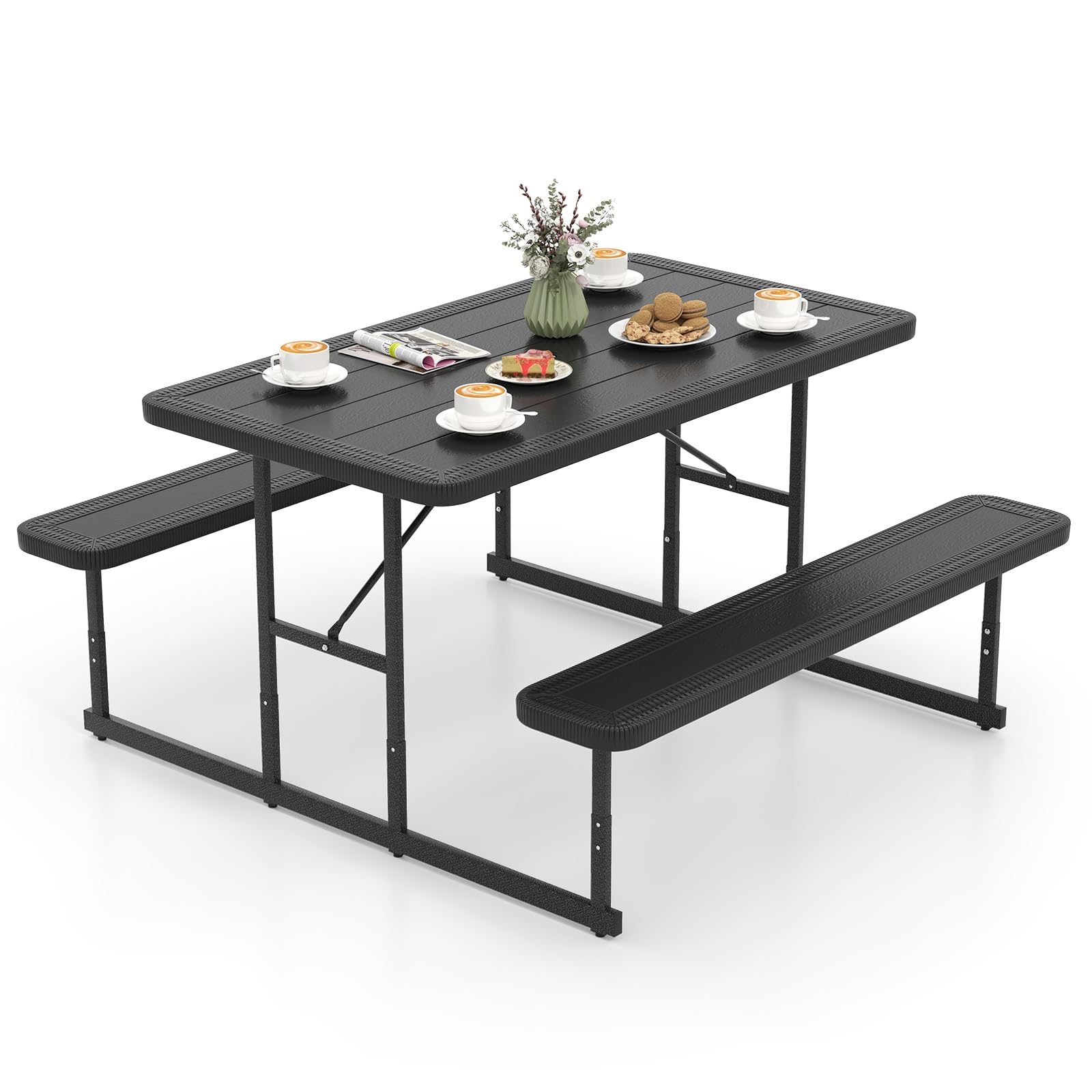 CLEEMAN Picnic Table Set for 2-4 People, Umbrella Hole, Heavy-Duty Metal Frame & 2 Benches, HDPE Rectangular Outdoor Dinning Tab