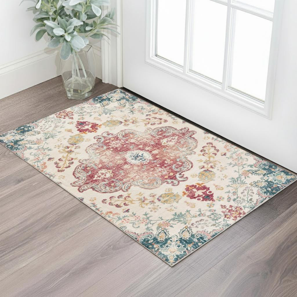 3 X 5 Ivory Pink And Blue Medallion Distressed Washable Area Rug