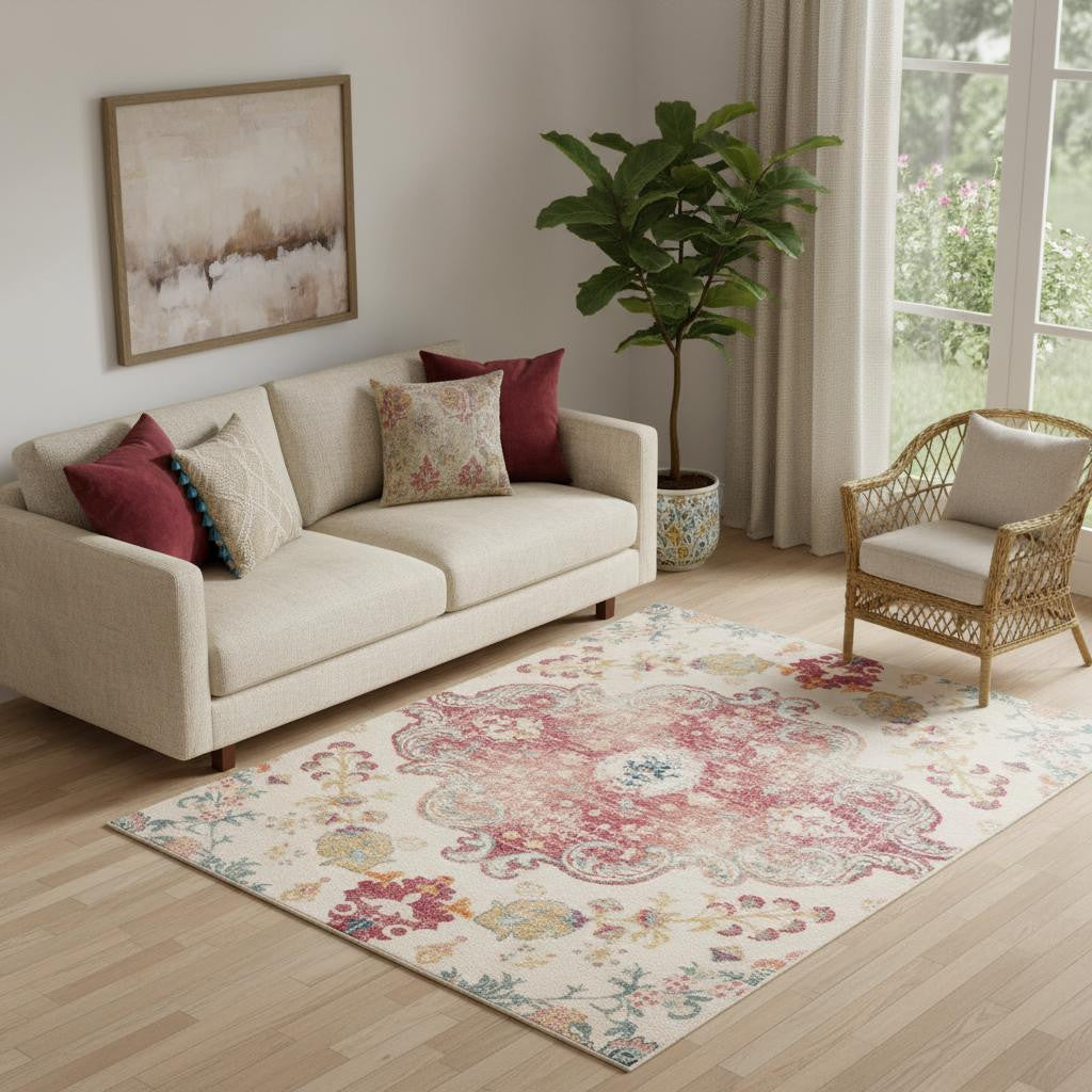 5 X 7 Ivory Pink And Blue Medallion Distressed Washable Area Rug