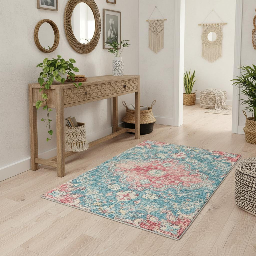 4 X 6 Ivory Pink And Aqua Medallion Distressed Washable Area Rug