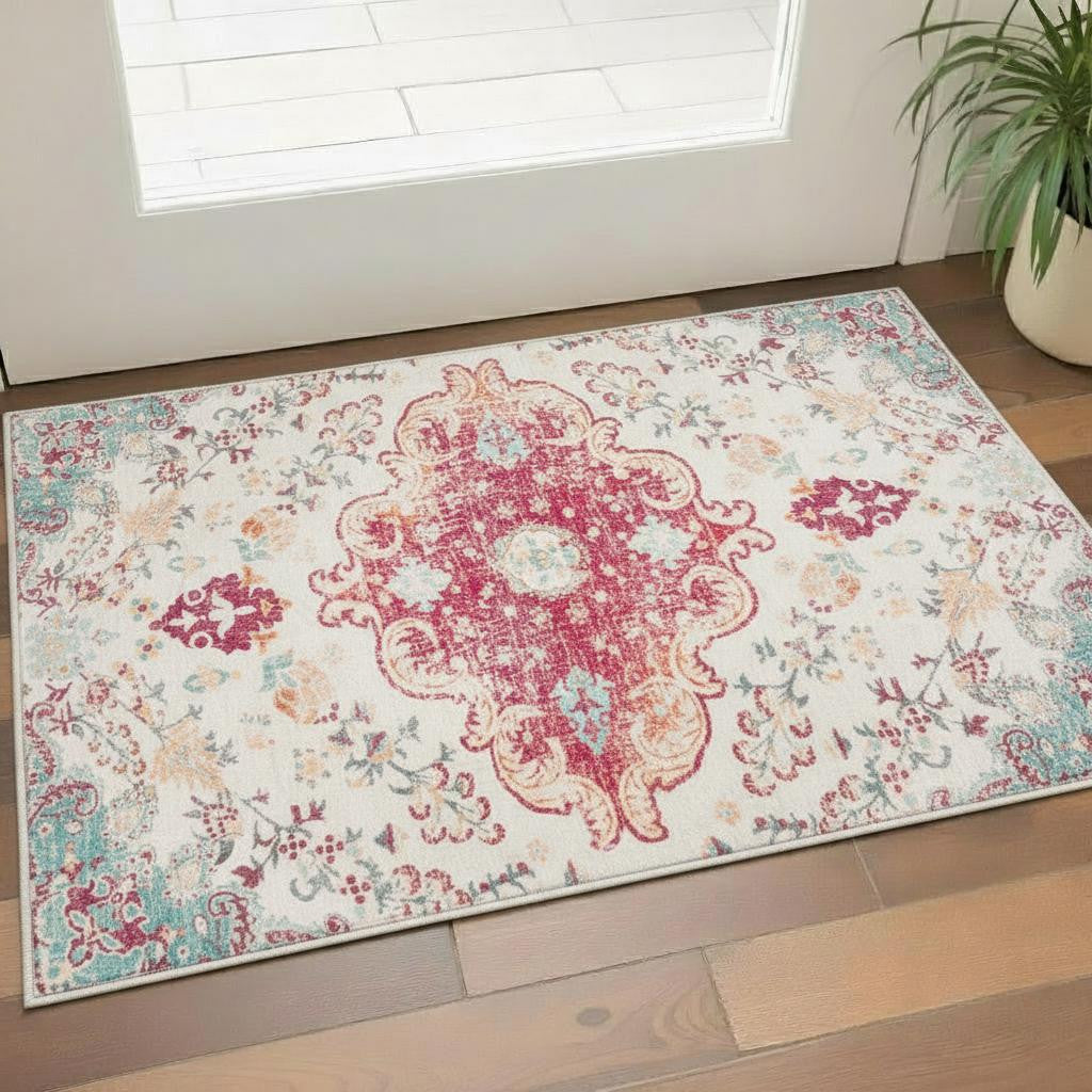 3 X 5 Blue Pink And White Medallion Distressed Washable Area Rug