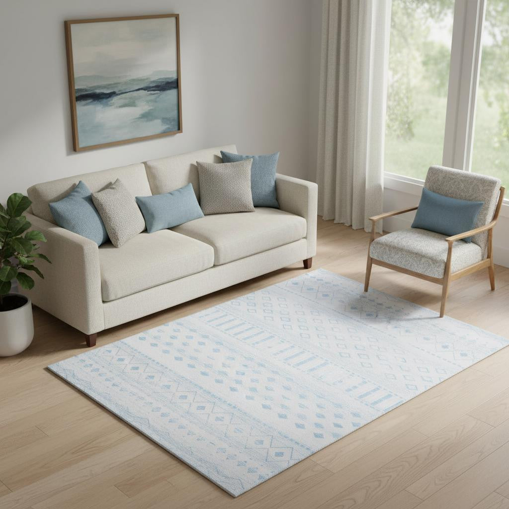 5 X 7 Aqua And Ivory Geometric Distressed Washable Area Rug
