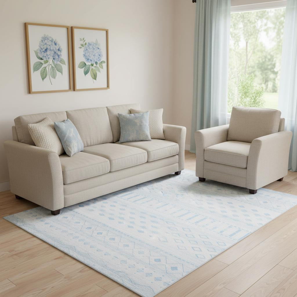 6 X 9 Aqua And Ivory Geometric Distressed Washable Area Rug