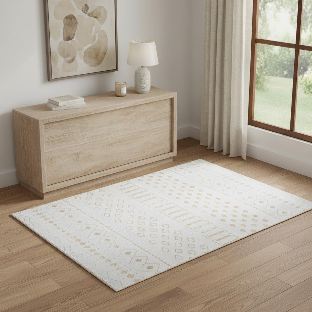 4 X 6 Gold And White Abstract Geometric Washable Area Rug
