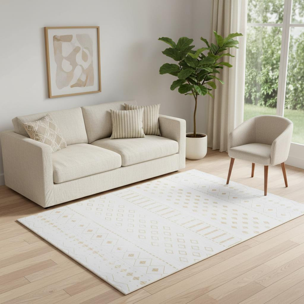 5 X 7 Gold And White Abstract Geometric Washable Area Rug