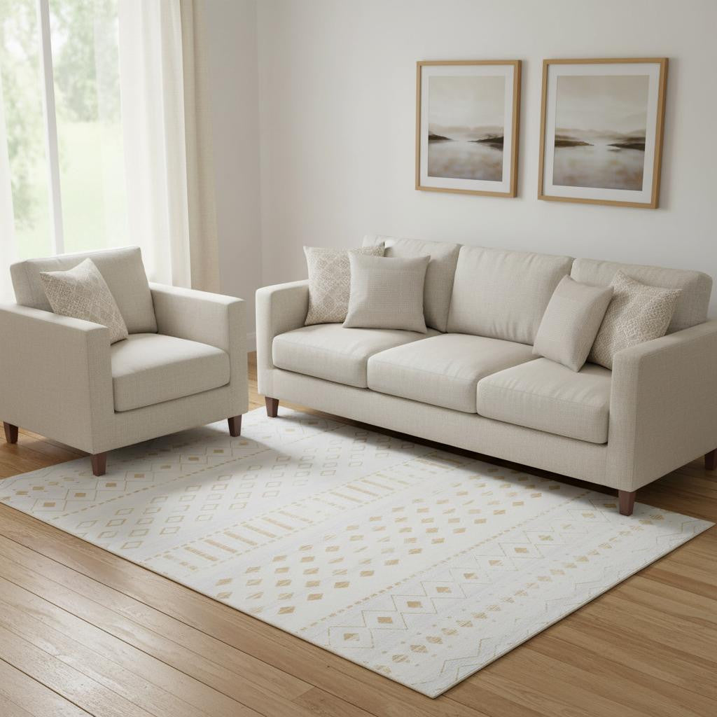 6 X 9 Gold And White Abstract Geometric Washable Area Rug