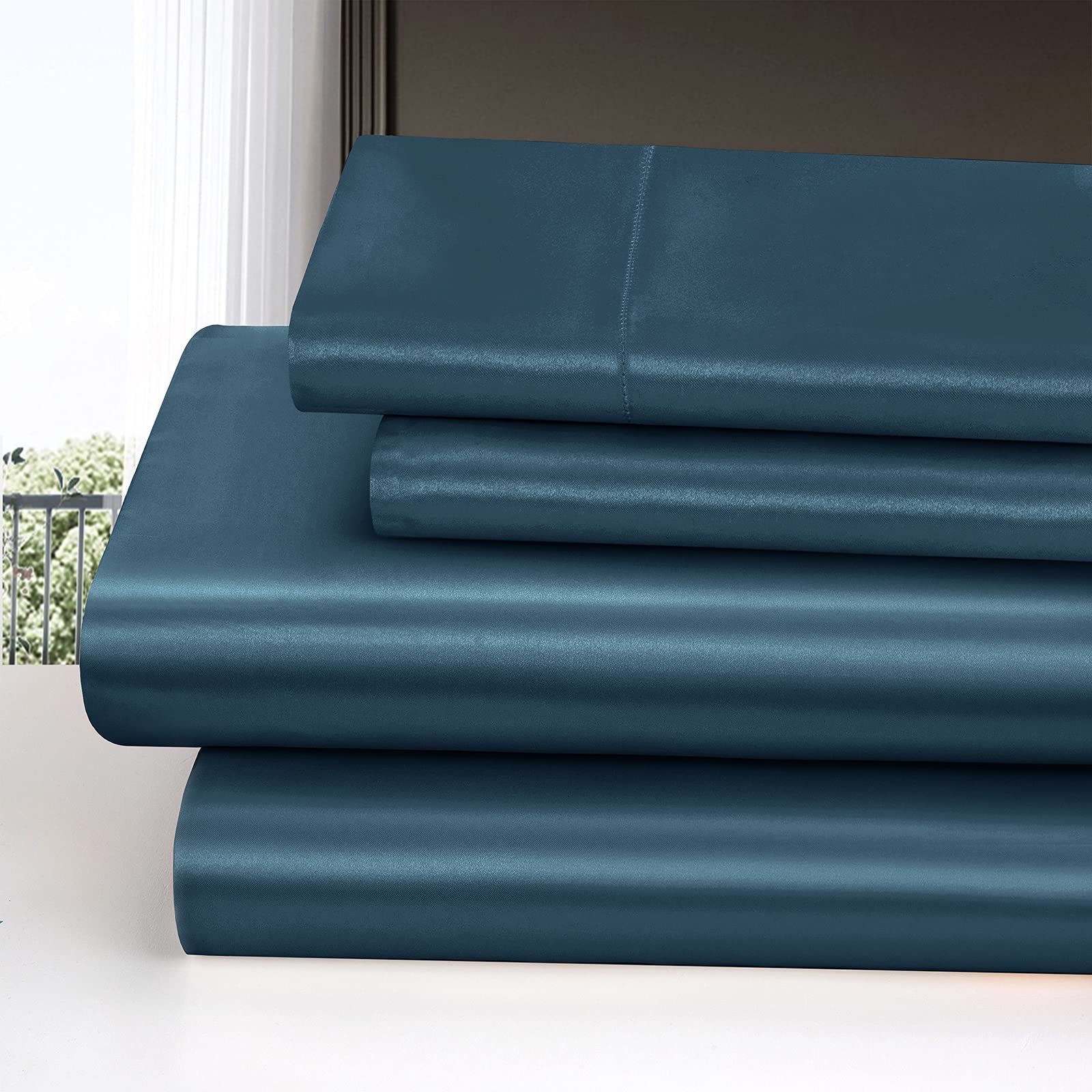Homiest 3Pcs Satin Sheets Set Luxury Silky Satin Bedding Set With Deep Pocket, 1 Fitted Sheet + 1 Flat Sheet + 1 Pillowcase (Twin Xl Size, Deep Sea Blue)