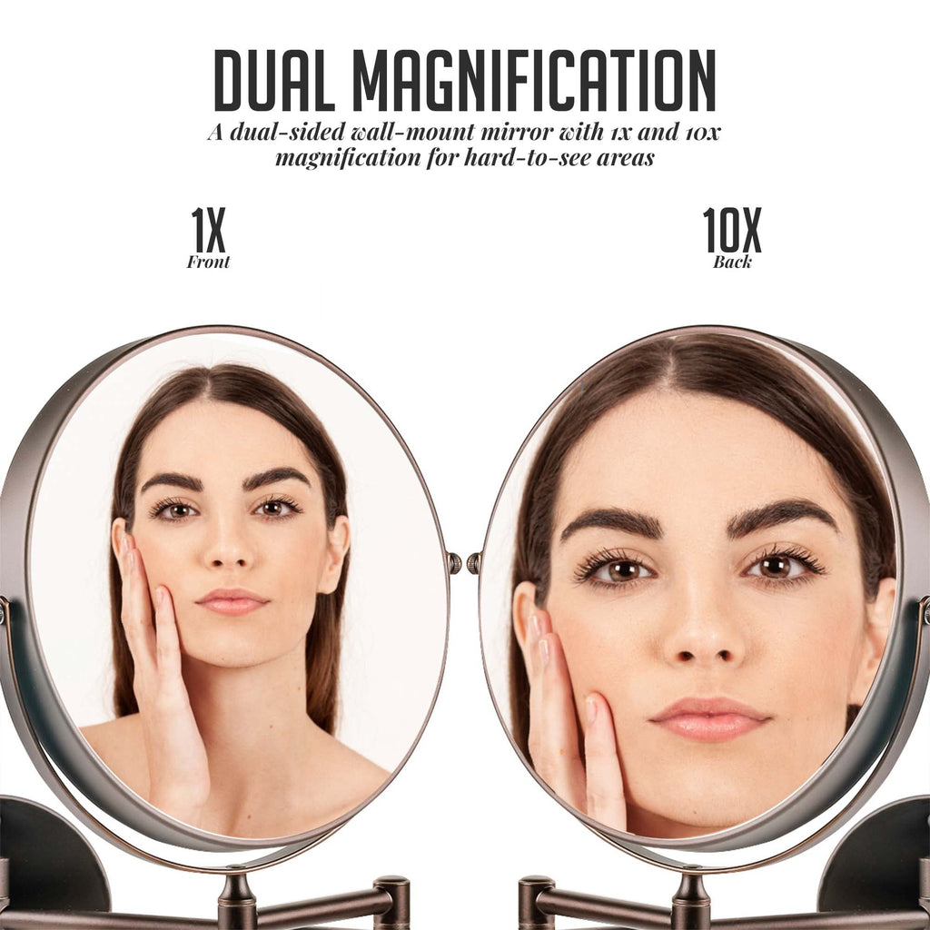 Ovente 9' Wall Mount Makeup Mirror, 1X & 10X Magnifier, Adjustable Spinning Double Sided Round Reflection, Extend, Retractable