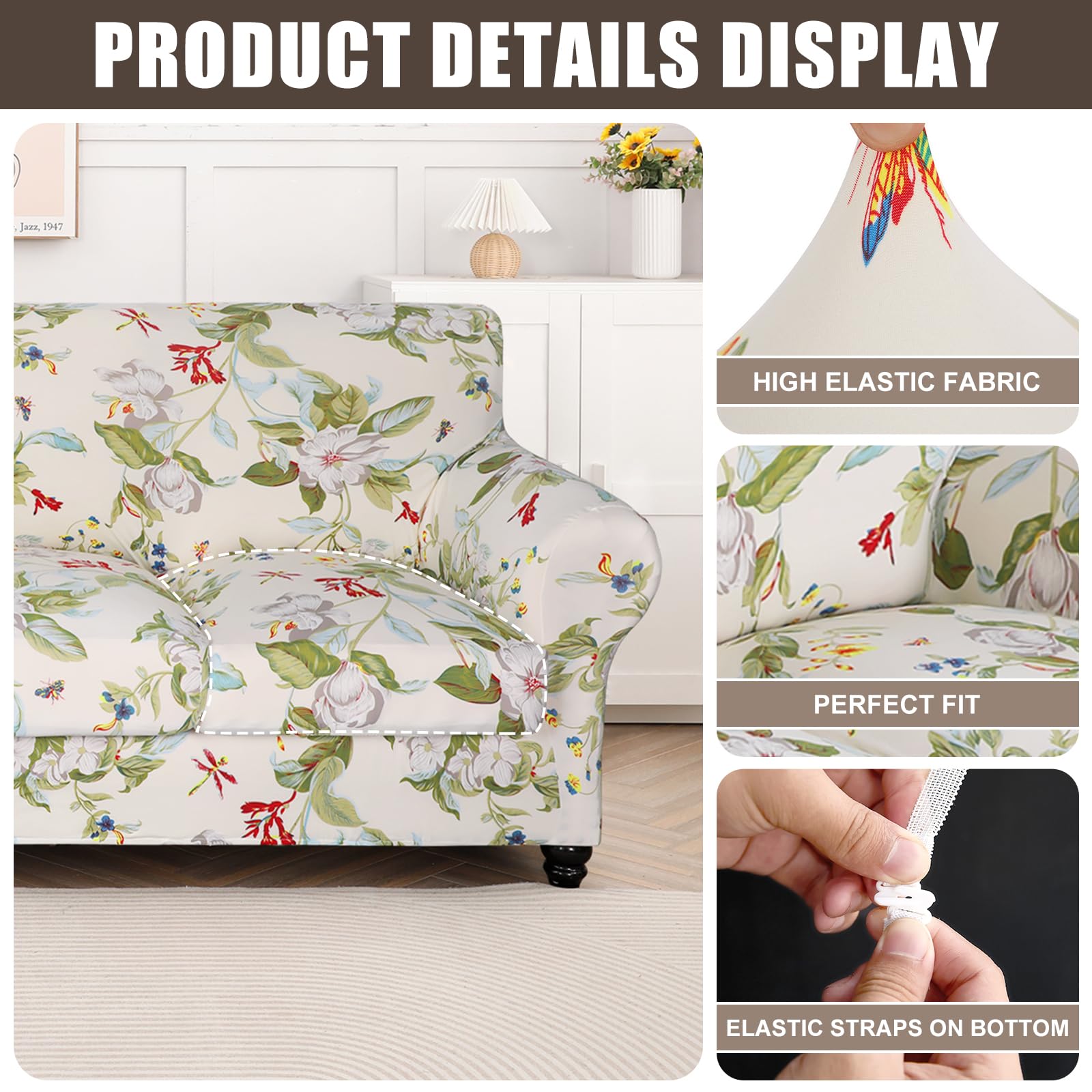 Searchi Stretch Sofa Cover Printed Couch Cover, Floral Pattern 3 Pieces Loveseat Slipcover With 2 Separate Cushion Cover, Washable Furniture Protector For Living Room(Loveseat, Spring Pattern)