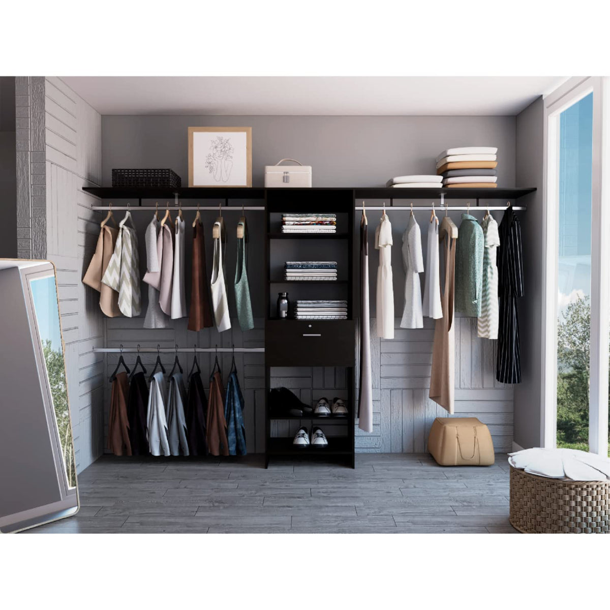 Zamora 70&Quot;W - 118&Quot;W Closet System, 3 Hanging Rods, 5 Shelves, 1 Drawer, Black