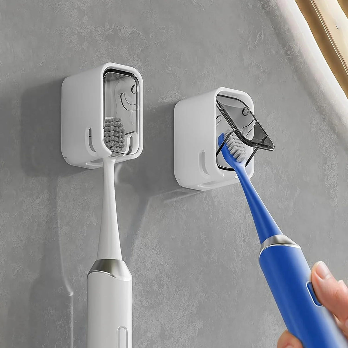 Oblivion Wall Mounted Toothbrush Holder with Flip Cover, Self Adhesive Bathroom Organizer for Manual and Electric Toothbrushes,