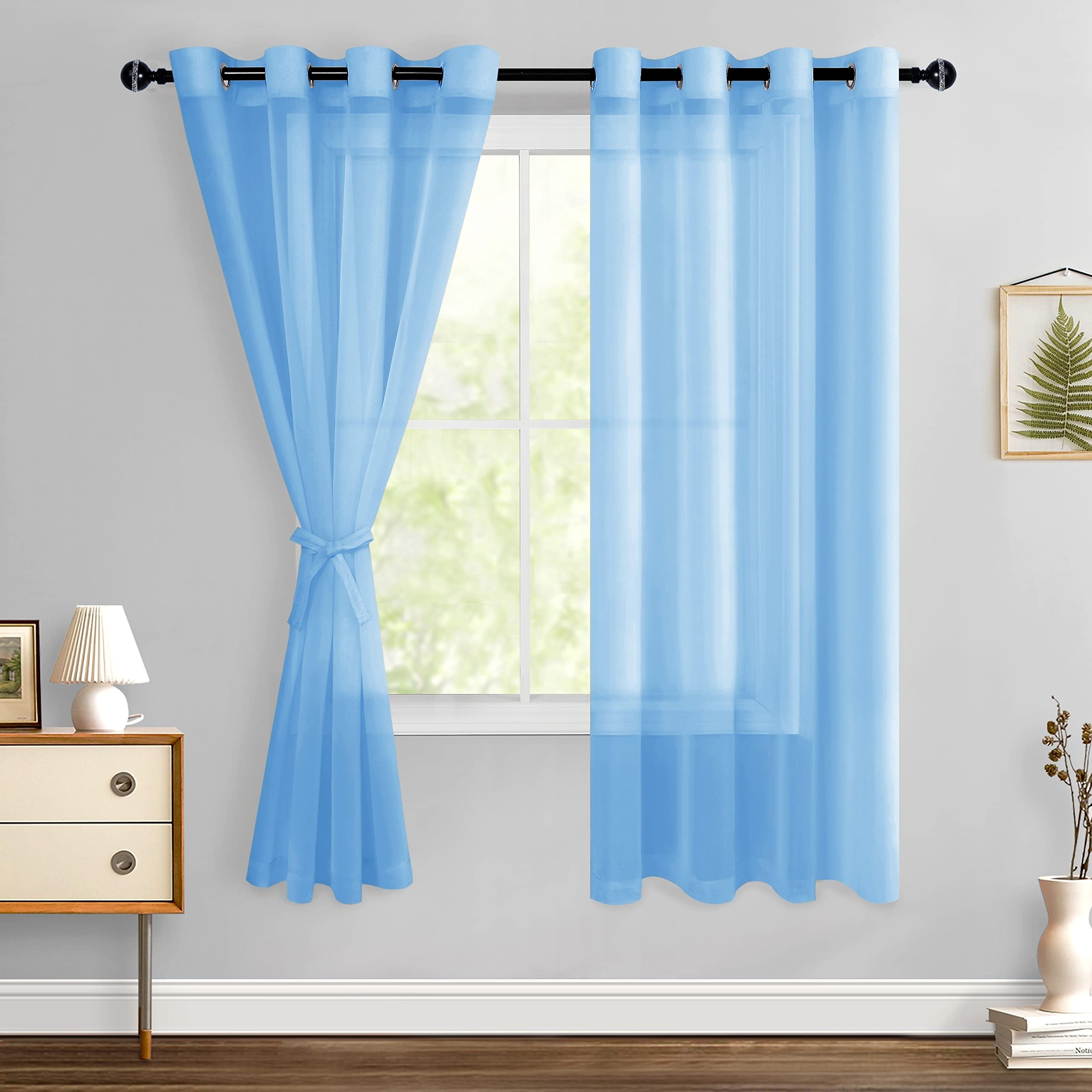 Hiasan Sheer Curtains For Bedroom With Tiebacks, Airy Breathable Voile Drapes Light Filtering Grommet Window Curtains For Living Room, Nursery, Farmhouse, Baby Blue, W52 X L63, 2 Soft Panels
