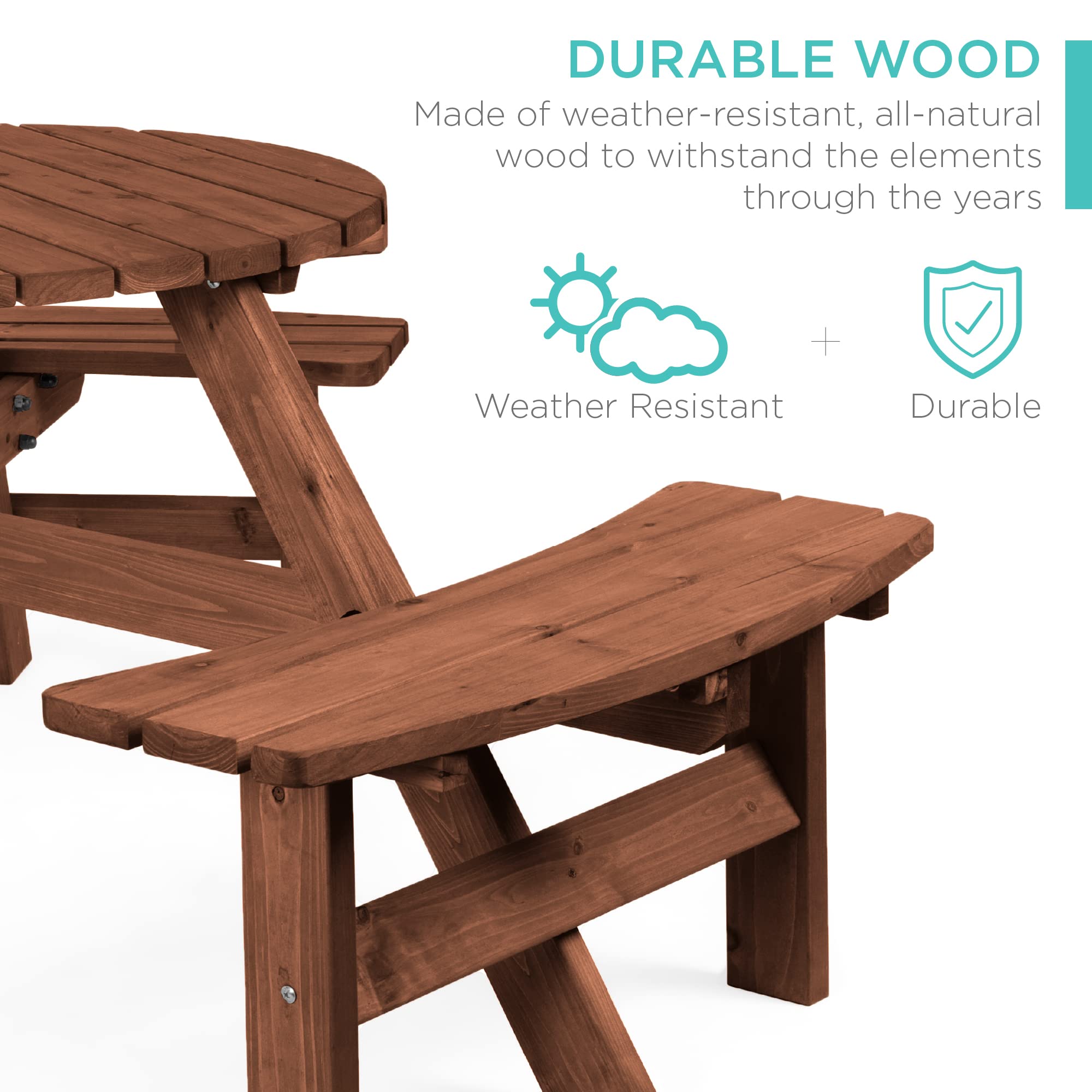 Best Choice Products 6-Person Circular Outdoor Wooden Picnic Table For Patio, Backyard, Garden, Diy W/ 3 Built-In Benches, 500Lb Capacity - Walnut Brown