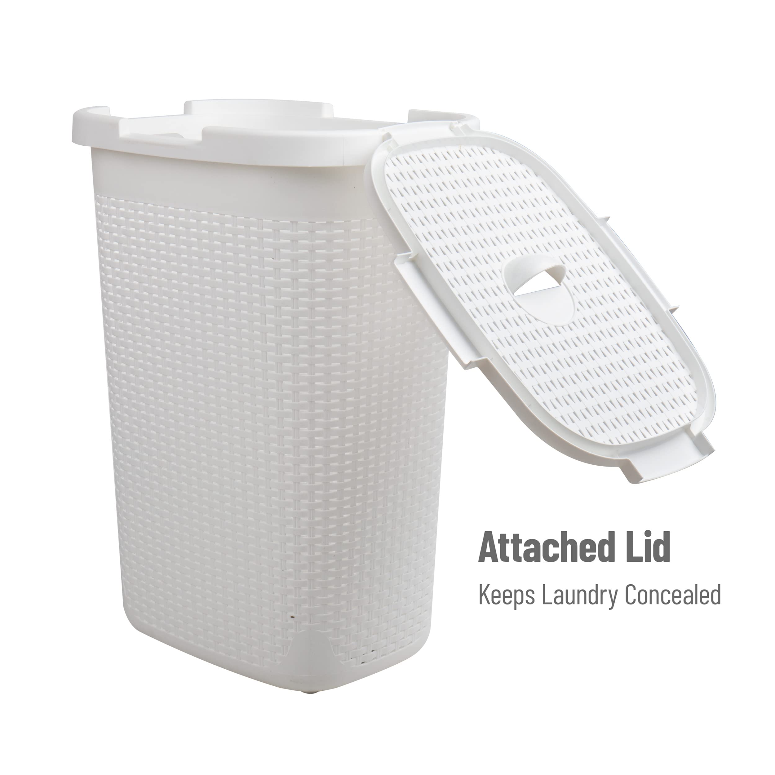 Mind Reader 60L Slim Laundry Hamper, Clothes Basket, Lid, Wicker Style, Plastic, 17.65''L X 13.75''W X 24.15''H, Set Of 2, White