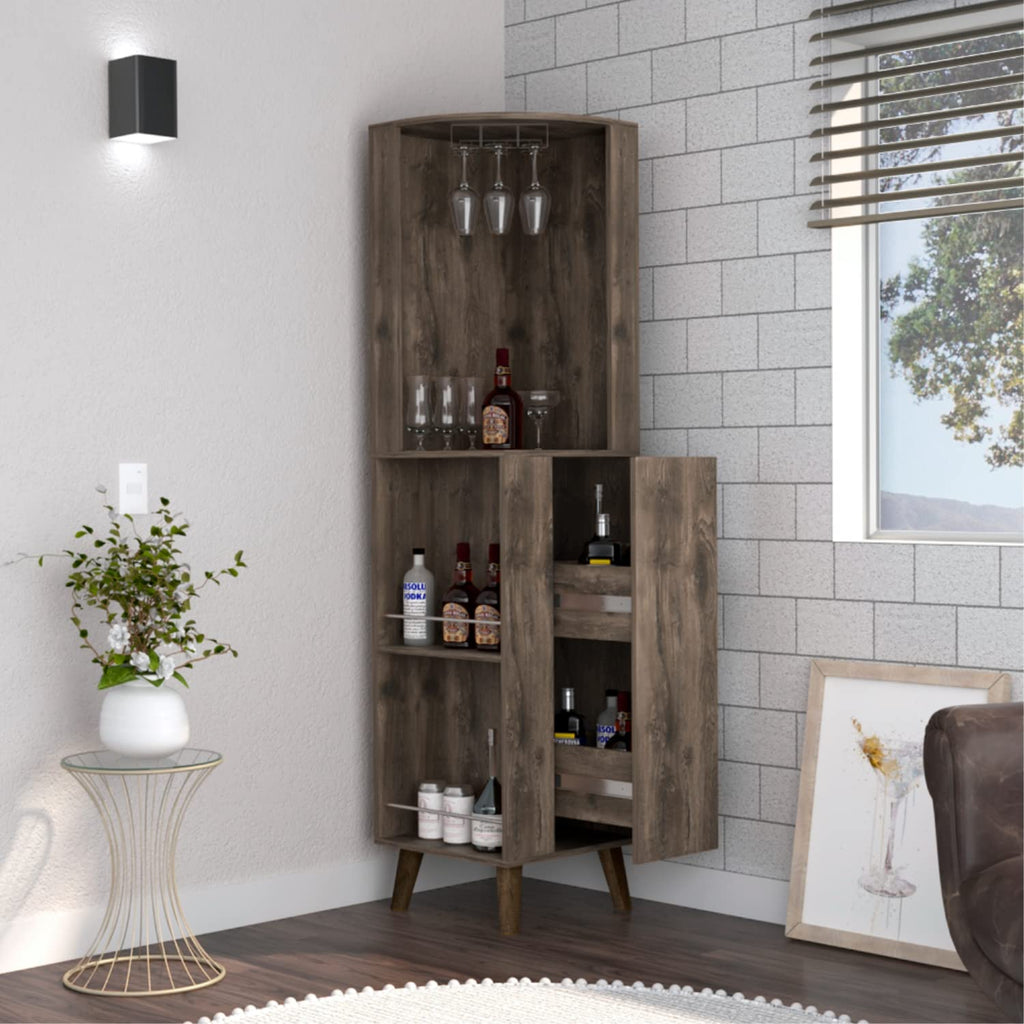 Jaipur Corner Bar Cabinet, 2 External Shelves, 1 Drawer, 2 Interior Shelves, Dark Brown