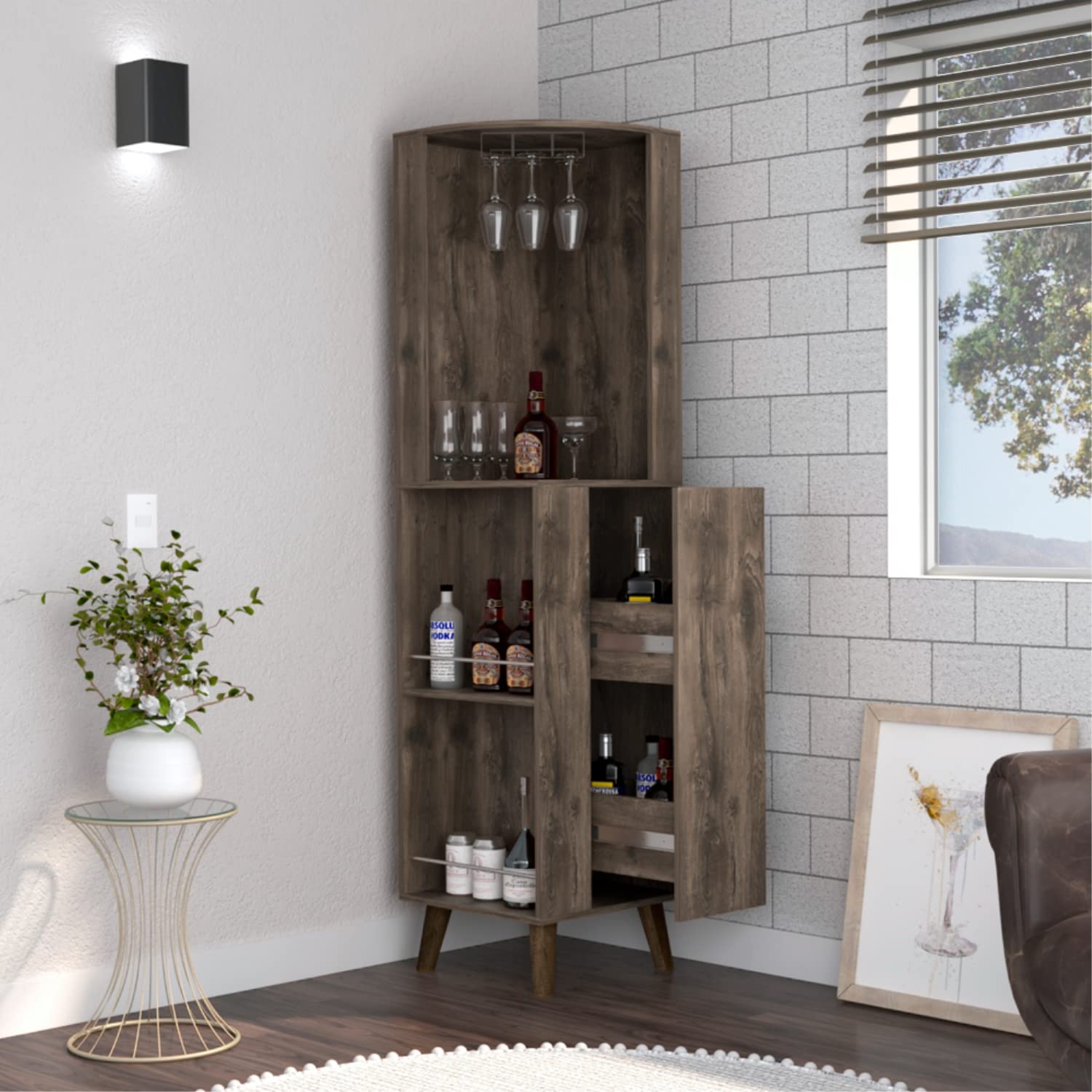 Jaipur Corner Bar Cabinet, 2 External Shelves, 1 Drawer, 2 Interior Shelves, Dark Brown