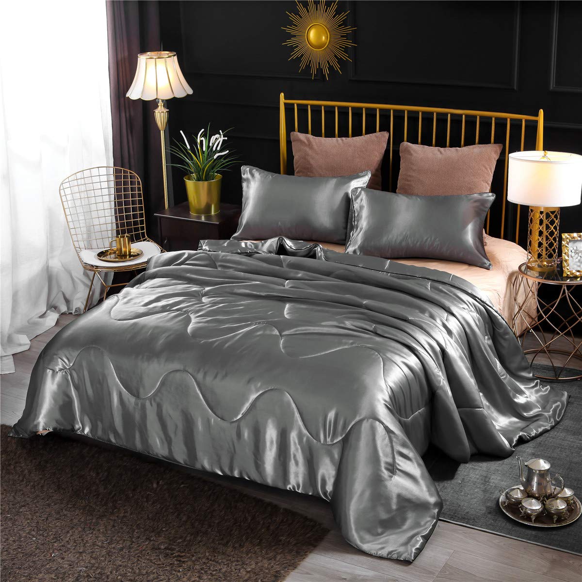 Ntbed Silky Satin Comforter Set Queen Silver, Luxury Soft Microfiber Bedding Lightweight Sexy Wave Quilted Blanket Set With 2 Pi