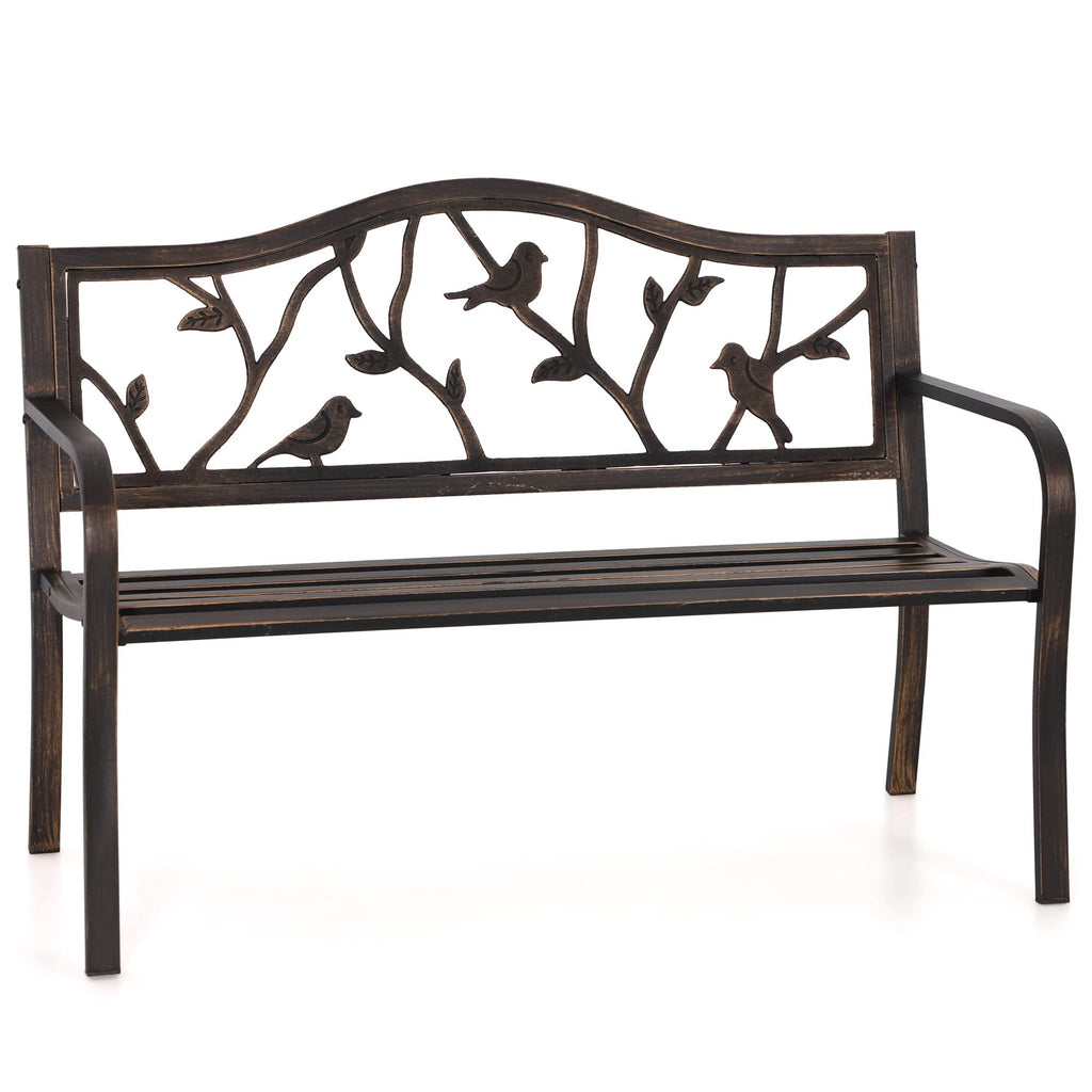 Phi Villa Outdoor Garden Park Bench Patio 50' Metal Bench, Steel Frame Bench With Backrest And Armrests For Porch, Lawn, Balcony, Backyard And Indoor, Bronze